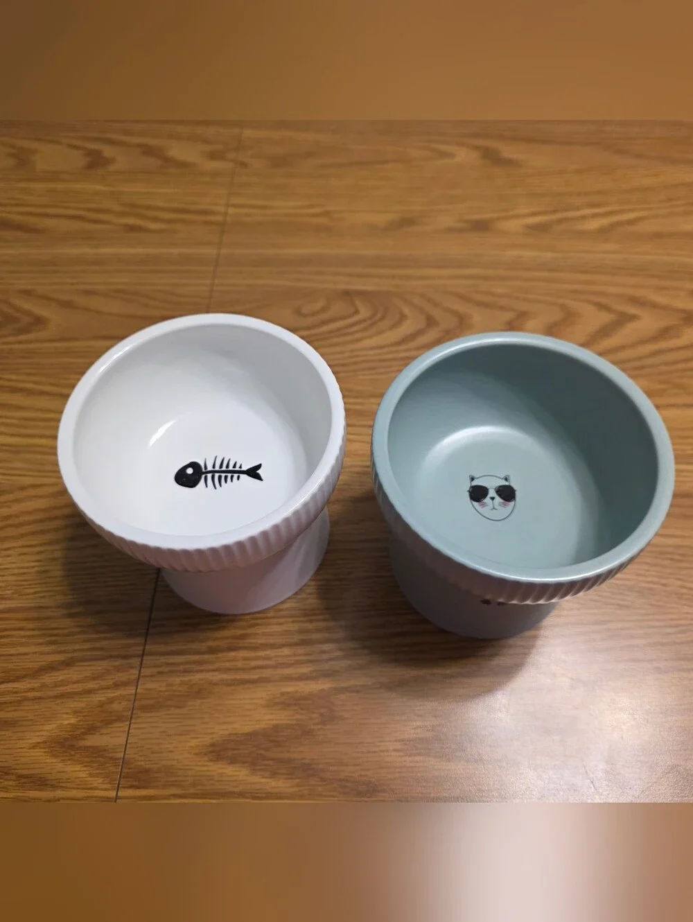 Two Ceramic Cat Raised Food Bowls And Cat Coffee Cup